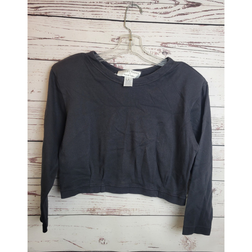 Vtg Michelle Stuart Crop Top‎ USA Black Crew Neck Long Sleeve Women's Size 6